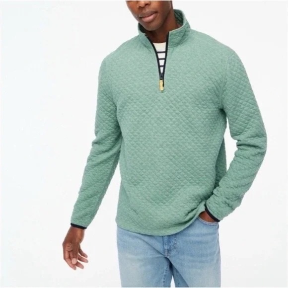 J. Crew Men's Quilted Quarter Zip Sweater in Heathered Oregano Green - Picture 1 of 6